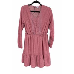 Andree by Unit Pink Eyelet Lace Mini Dress M Long Sleeve Boho Prairie Romantic